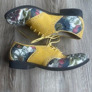 Vintage 60s 30s Floral Loafers Oxford Flats Sz 5 Leather Mustard Yellow Sneakers